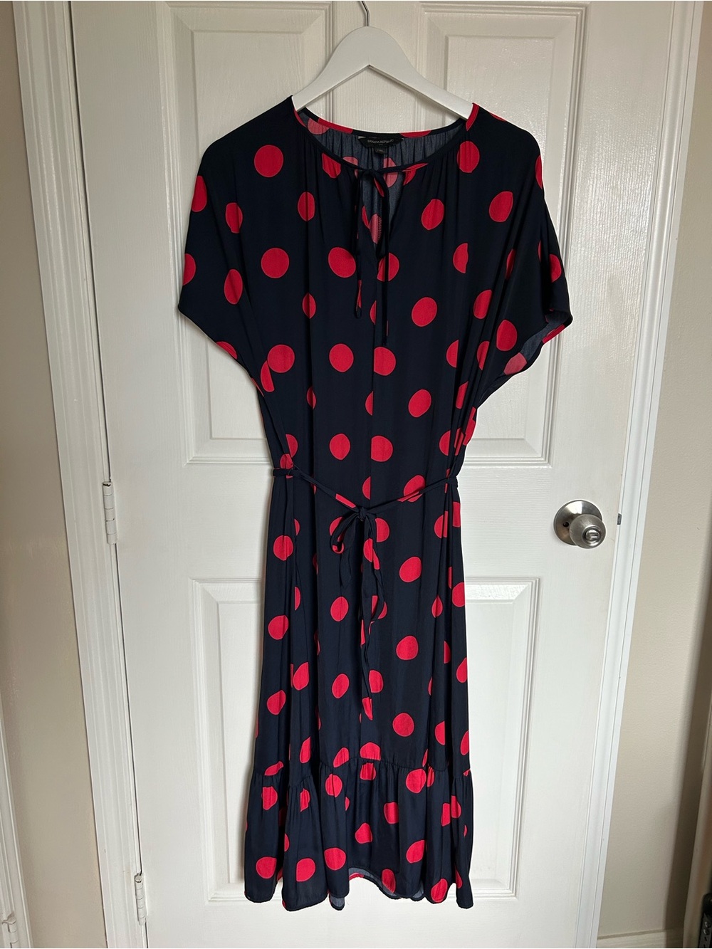 Banana Republic Black Midi Dress with Red Polka Dots and Waist Tie
